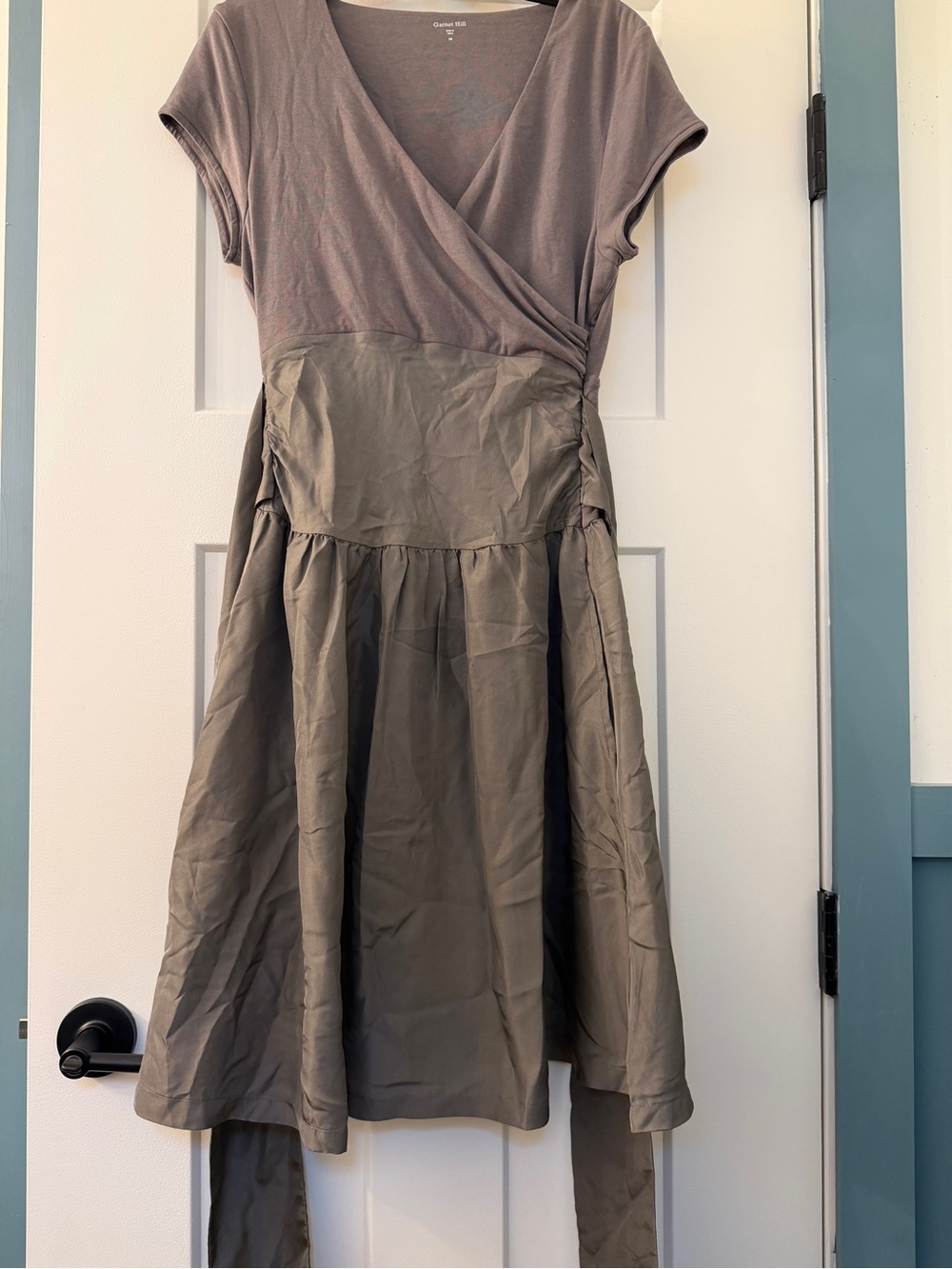 Garnet Hill Gray Wrap Tie-Back Midi Dress w/ Silk Skirt & Bodice - XS